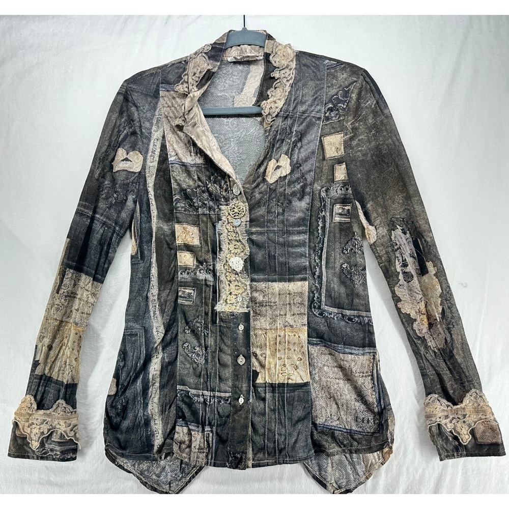 Elisa Cavaletti Womens Grey Tan Mixed Media Lace Button Up Blouse Top Boho Art